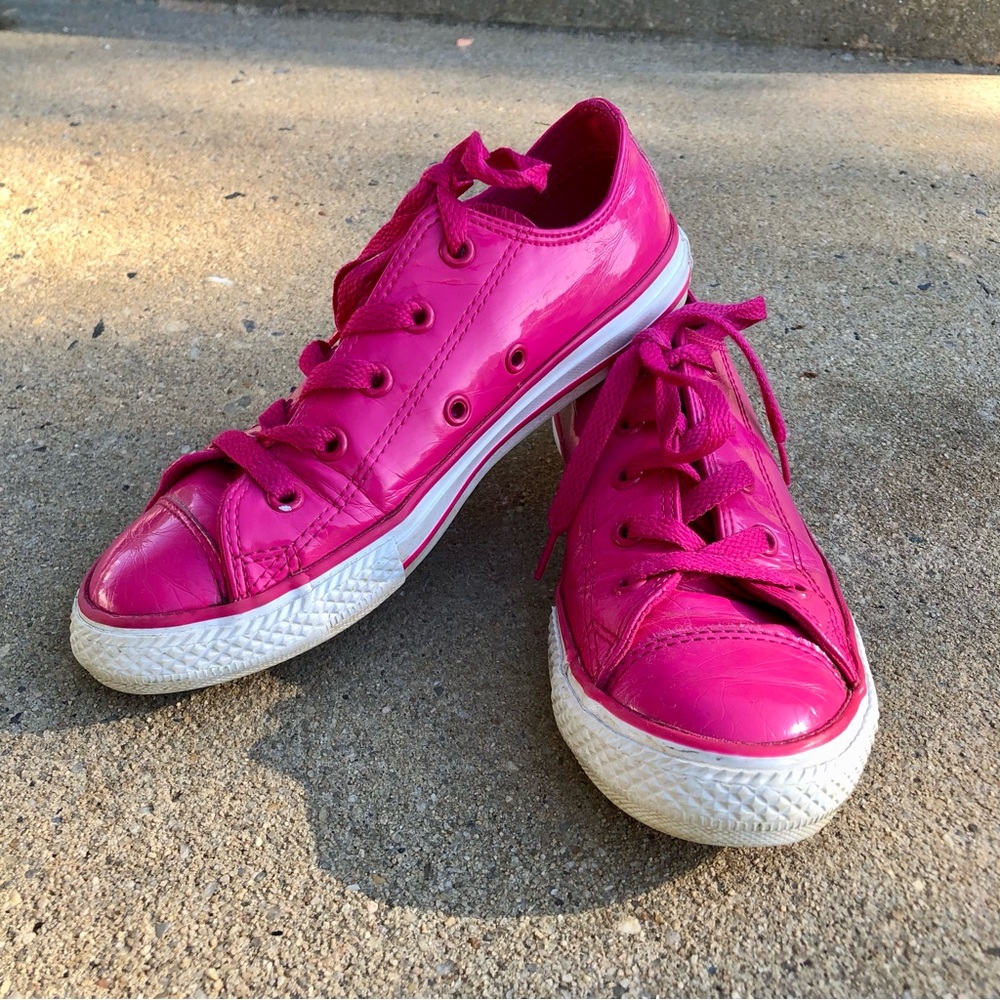 Size 1 hot pink leather Converse sneakers